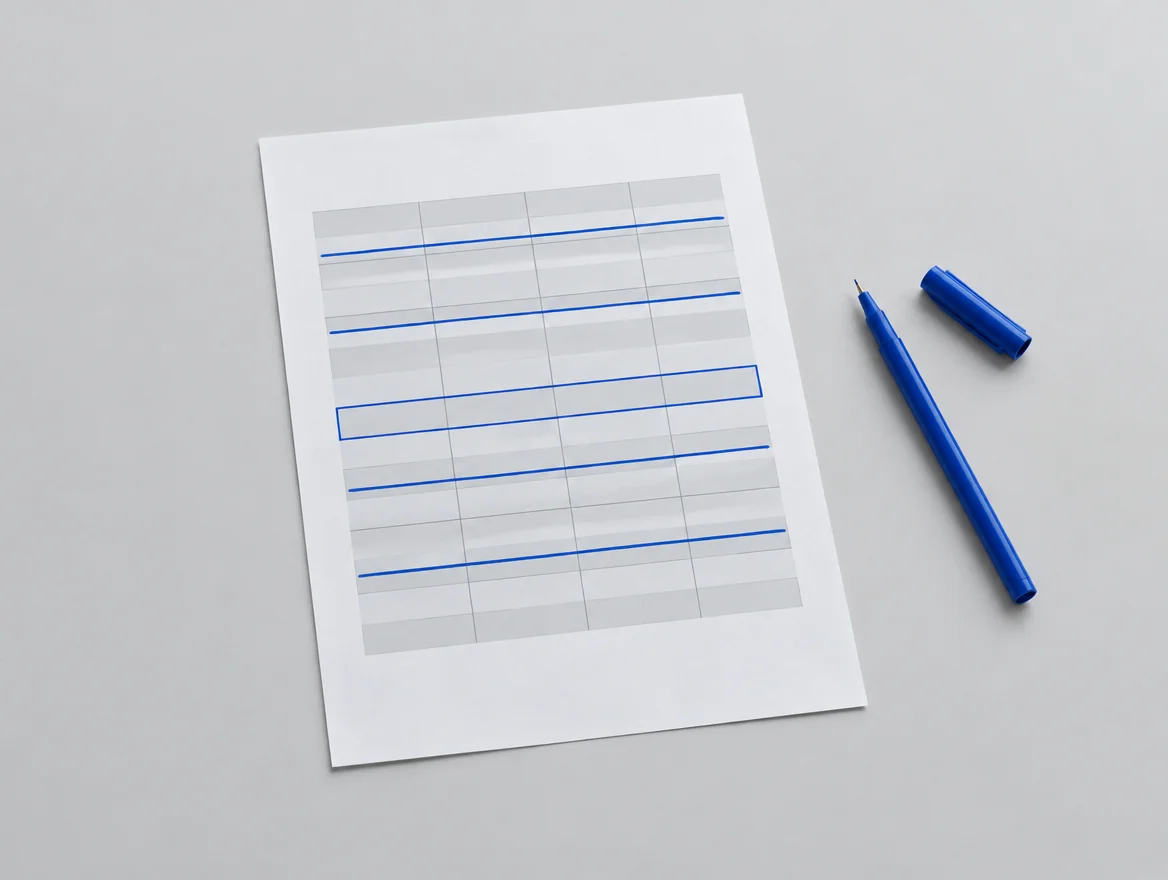 Ausgedruckte Tabelle, in der mehrere Zeilen mit blauem Stift durchgestrichen sind